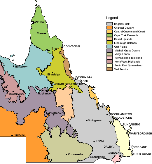 Map of Queensland showing the different bioregions